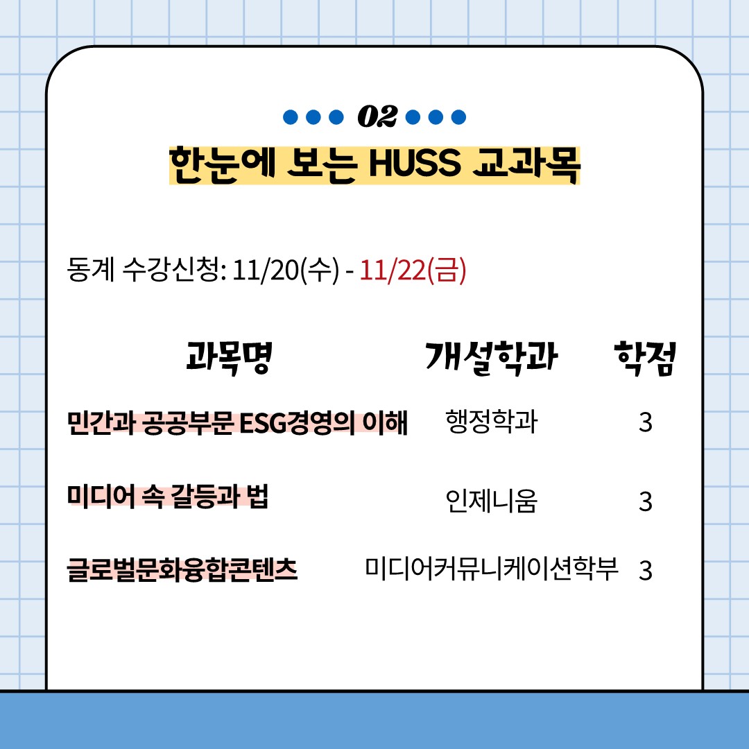 02
한눈에 보는 HUSS 교과목
동계 수강신청: 11/20(수) - 11/22(금)
민강과 공공부문 ESG경영의 이해 - 행정학과 - 3학점
미디어 속 갈등과 법 - 인제니움 - 3학점
글로벌문화융합콘텐츠 - 미디어커뮤니케이션학부 - 3학점
