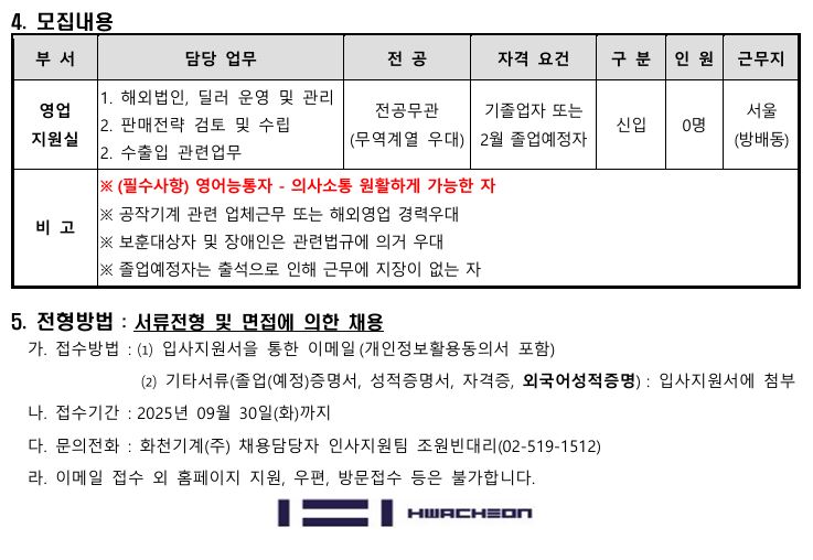 [추천채용][화천기계] 영업지원(수출지원)