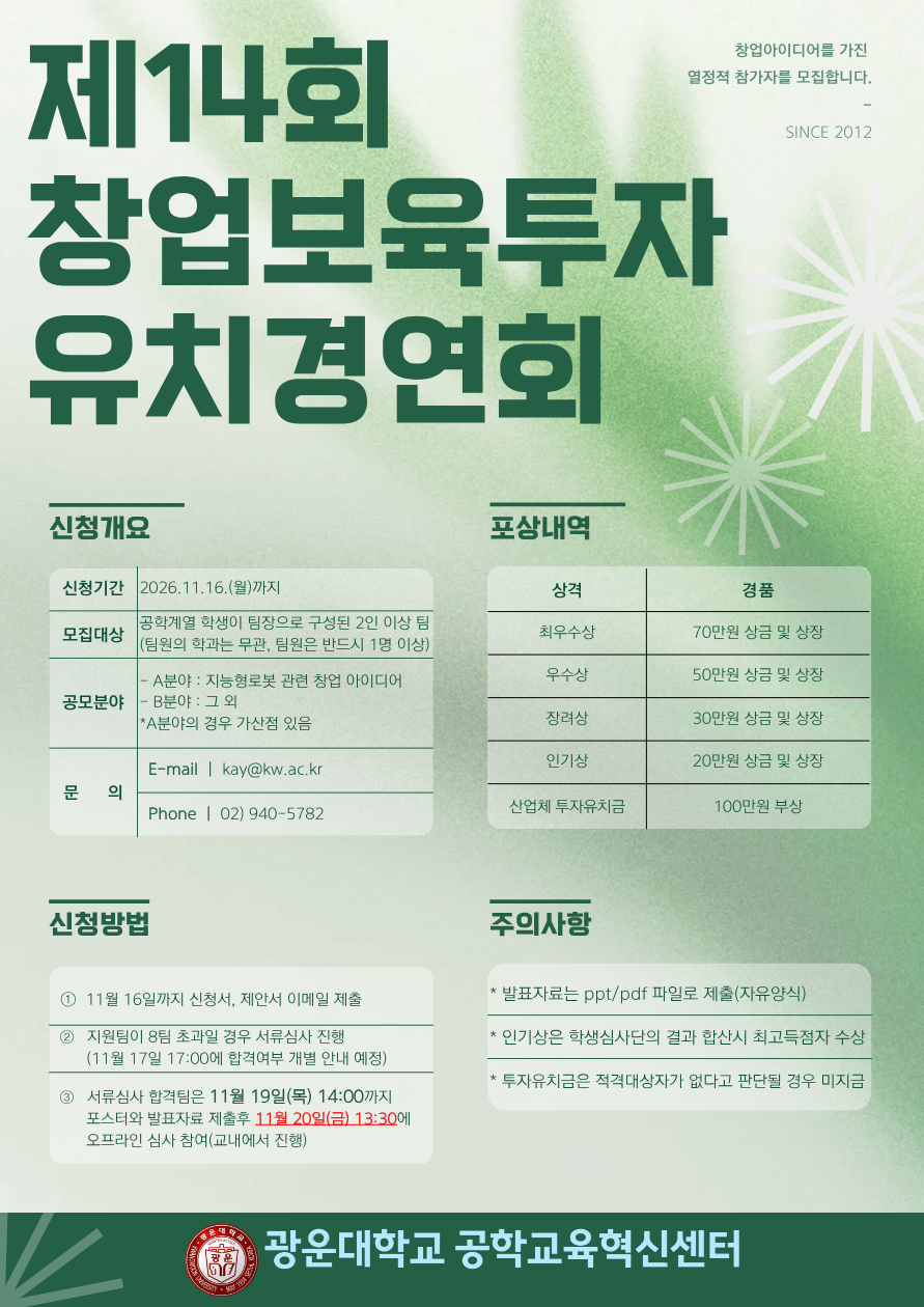 1) 사 업 명 : 제 14회 창보투(창업보육투자유치) 경연회
2) 참가대상 : 창업에 관심있는 광운대 공학계열 재학생(팀 단위로 참가신청)
3) 심사일정 : 2026년 11월 20일(금) 13:30 ~ 16:30
4) 평가항목 : 아이디어 혁신성(30점), 사업화가능성(30점), 기술실현가능성(20점)
사회적인 공헌도(10점), PT능력(10점)
5) 심사방법 : 총 100점 만점 중 합계 평점 고득점자
※ 학생평가단의 점수는 별도 취합 (고득점자는 인기상으로 시상)
※ 타 창업경진대회 등에 작품을 제출한 팀이 동일한 창업 아이템으로 본 대회에 접수 시에는 감점이 있을 수 있음.